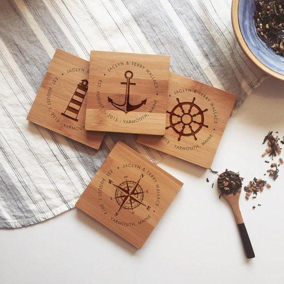 Nautical set wooden Personalized Coasters