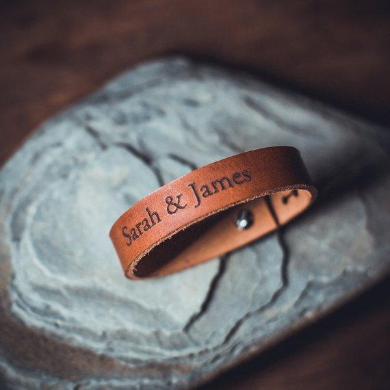 Custom Engraved Leather Bracelet Personalized Double Names 