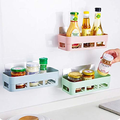 HOME CUBE 2 Pc Multipurpose Kitchen Bathroom Shelf Wall Holder Storage Rack Bathroom Rack Storage Box Strong Magic Sticker Shower Rack Shelf - Random Color (2) - BOSTON CREATIVE COMPANY