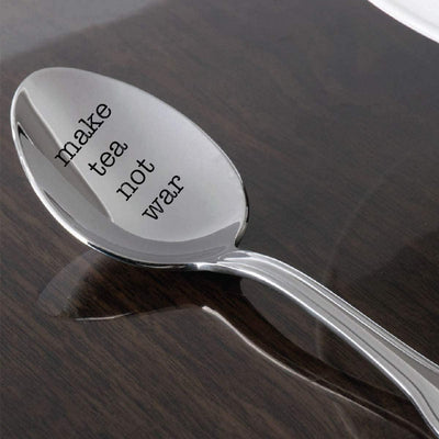 Make tea not war- engraved spoon- coffer lover- engraved silver ware by Boston creative company - BOSTON CREATIVE COMPANY